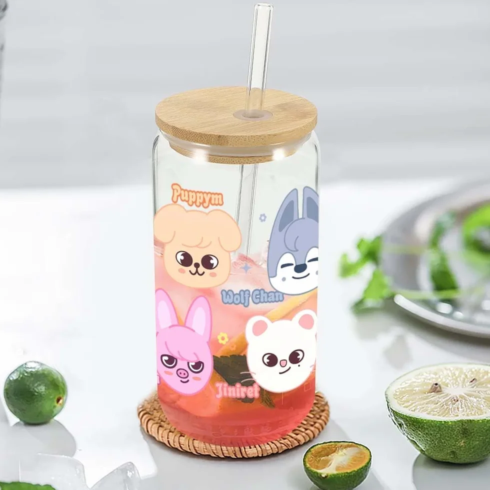 Stray SKZ con coperchio e cannuccia, vetro Skzoo da 500 ml, per tè a bolle, caffè, frullati, tè freddo, cocktail, kpop merch regali per Stay