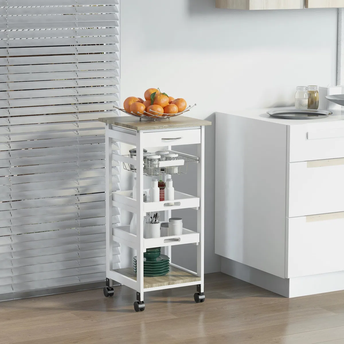 HOMCOM Carrello da Cucina Salvaspazio in Legno di Pino e MDF, Carrello Portaoggetti con Cassetto, Cestello, 2 Vassoi e 4 Ruote Universale, 37x37x82cm, Bianco