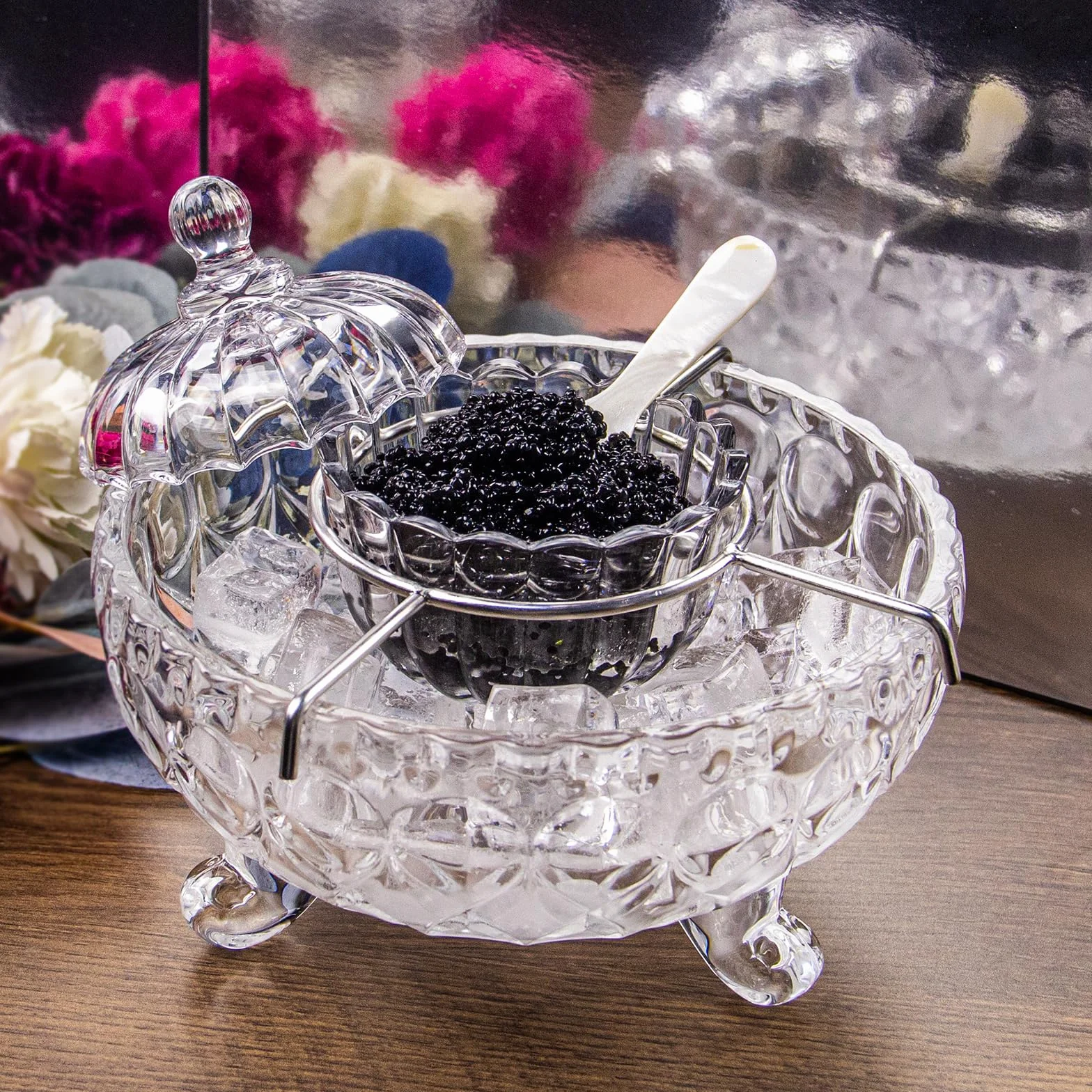 DUEBEL Set di posate per caviale con 2 cucchiai in madreperla, ciotola da portata elegante con motivo a goccioline per caviale, gamberetti e altro in cucina, ristorante e catering eventi