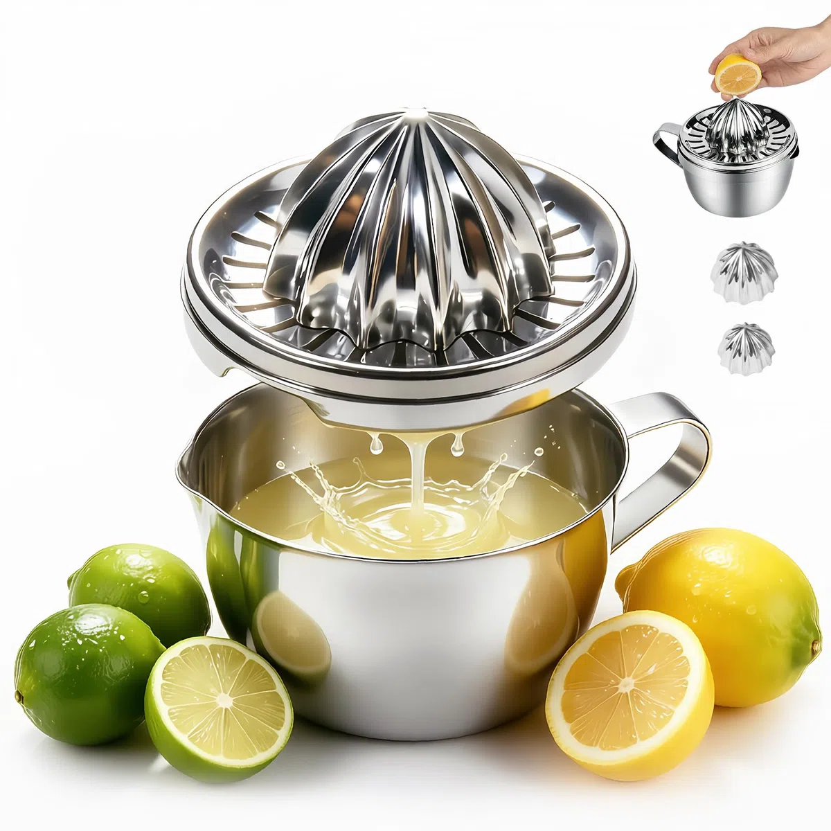 Spremiagrumi Manuale Acciaio Inox 304 Antiruggine​ con Contenitore 500ML e 2 Testine - Spremi Limone Professionale, Portatile, Facile da Pulire - Spremi Agrumi per Limoni, Lime, Pompelmi e Arance