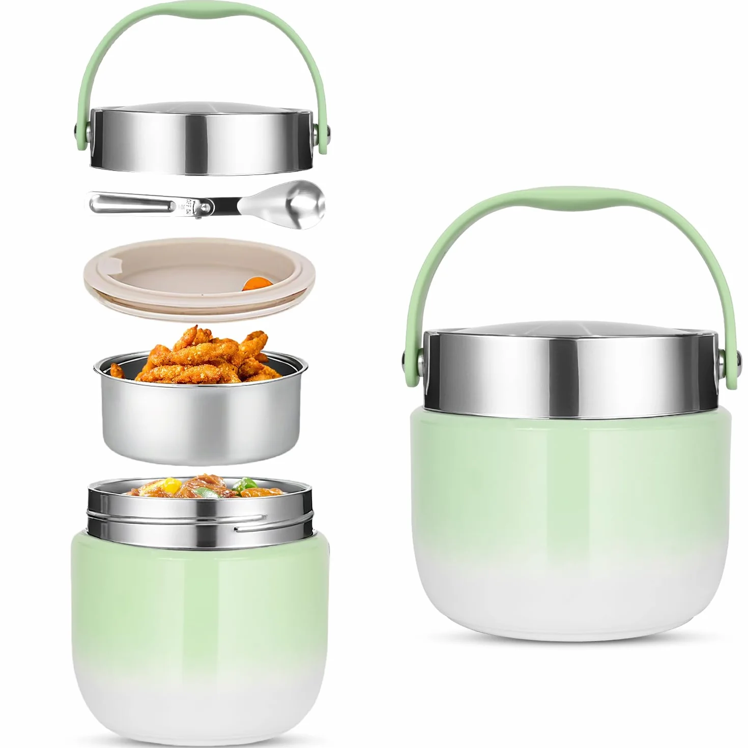 Contenitore Termico per Alimenti 1200 ml,Thermos per Alimenti Porta Pappa,ciotola termica con coperchio con cucchiaio pieghevole,Adatto per la conservazione di farina,zuppa,pranzo,formaggio (Verde)