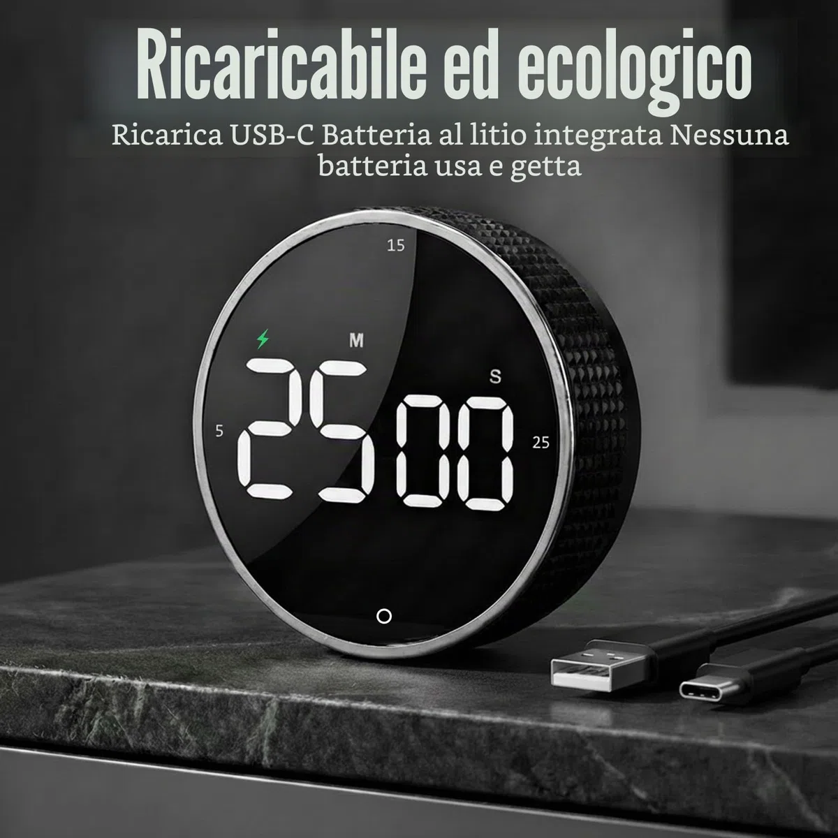 Timer da cucina digitale magnetico ricaricabile con grande schermo LED, allarme forte, 3 impostazioni predefinite (5/15/25 min), 3 livelli di volume, ideale per cucina, fitness e ufficio (nero)