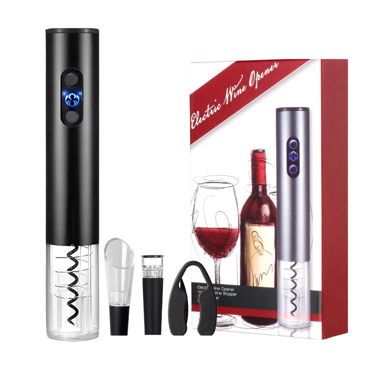 Cavatappi Elettrico, Apribottiglie per Vino con Taglierina, Versatore per Vino, Tappo Sottovuoto. Acciaio Inossidabile. Funziona con 4 Batterie AA (non incluse).
