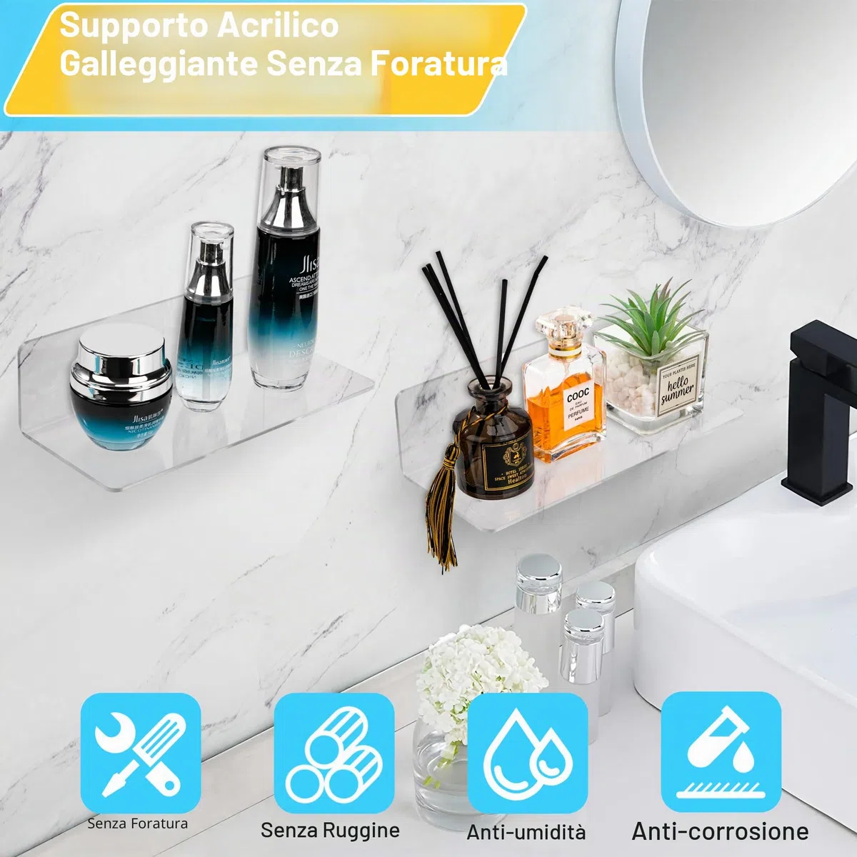 Mensola da Parete, 2 Pezzi Mensola Adesiva da Muro, Mensolina Galleggiante in Acrilico, Portaoggetti Scaffale da Parete, Senza Foratura Muro, per Bagno Soggiorno Cucina Ufficio, Trasparente