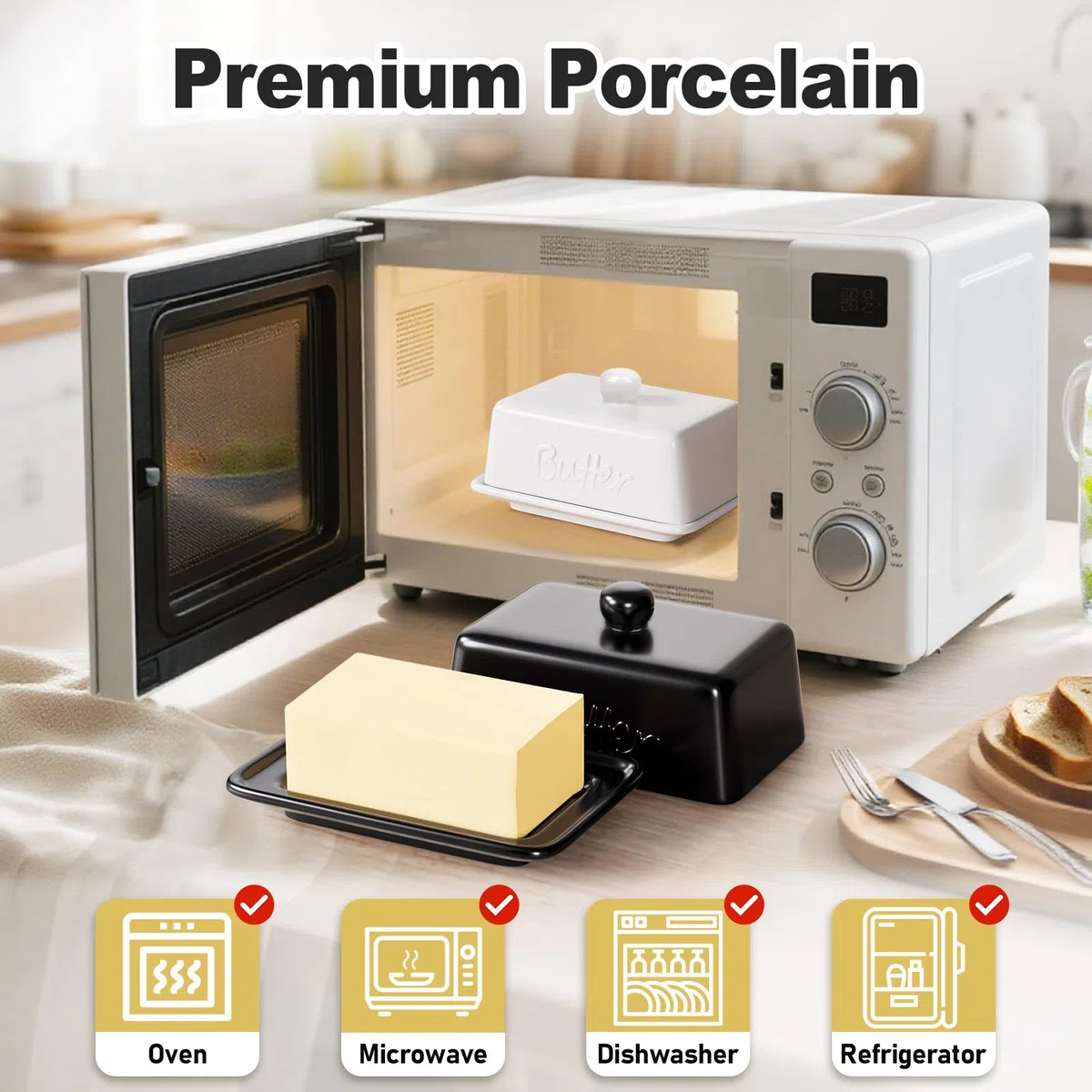 Portaburro in Ceramica con Coperchio, Contenitore Burro da 500g e 250g, Burriera da Frigo Grande, Porta Burro in Porcellana Lavabile in Lavastoviglie, Design Moderno Cucina, Nero