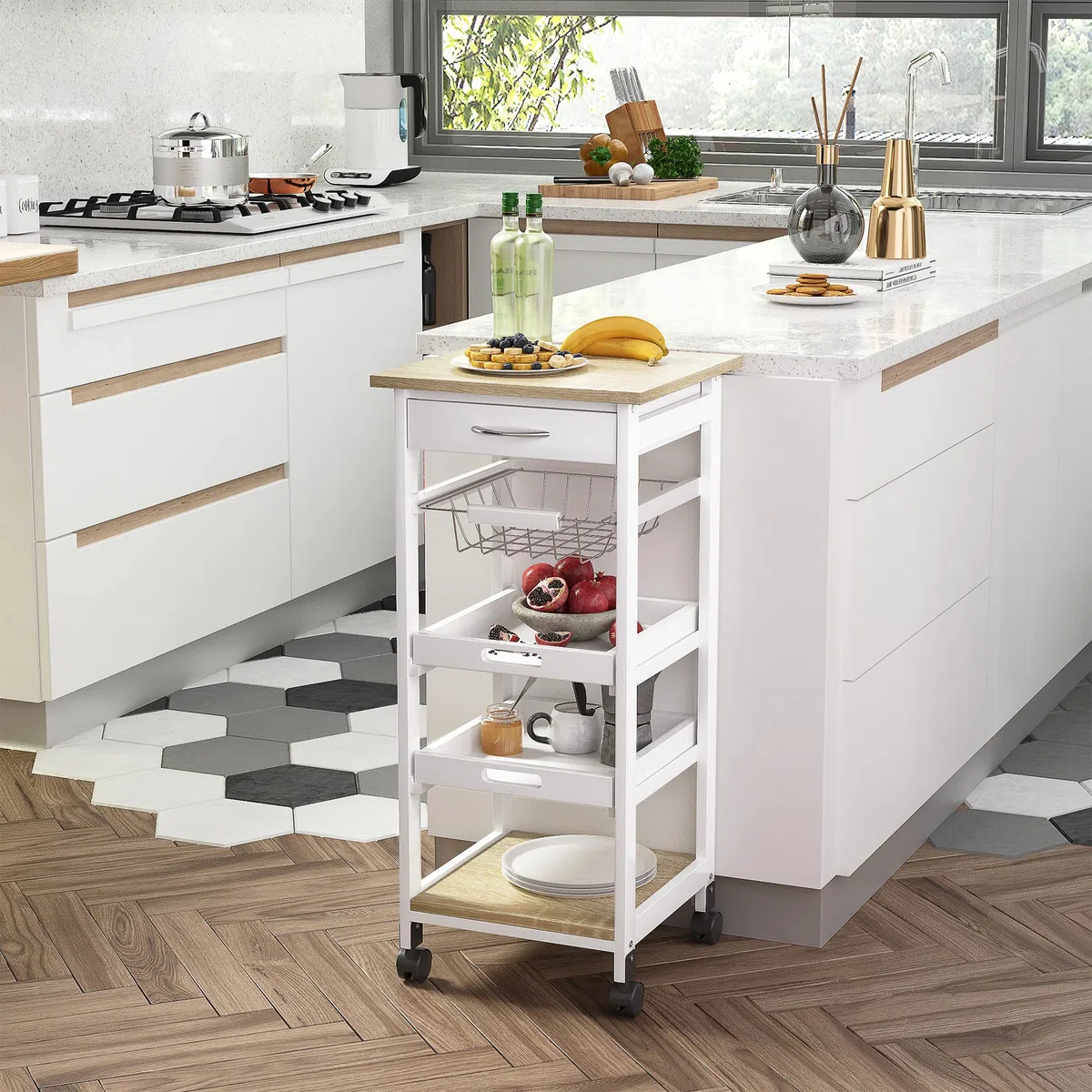 HOMCOM Carrello da Cucina Salvaspazio in Legno di Pino e MDF, Carrello Portaoggetti con Cassetto, Cestello, 2 Vassoi e 4 Ruote Universale, 37x37x82cm, Bianco