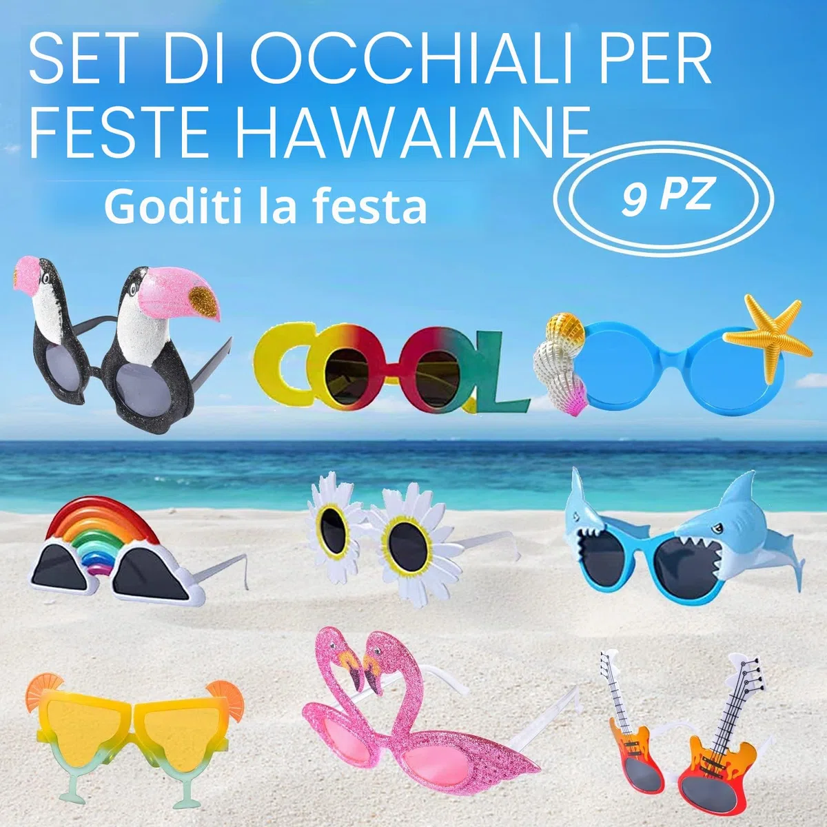Occhiali da sole divertenti per feste, 9 paia di occhiali da sole per il tempo libero, occhiali hawaiani, accessori per feste, occhiali da festa per bambini, adolescenti e adulti