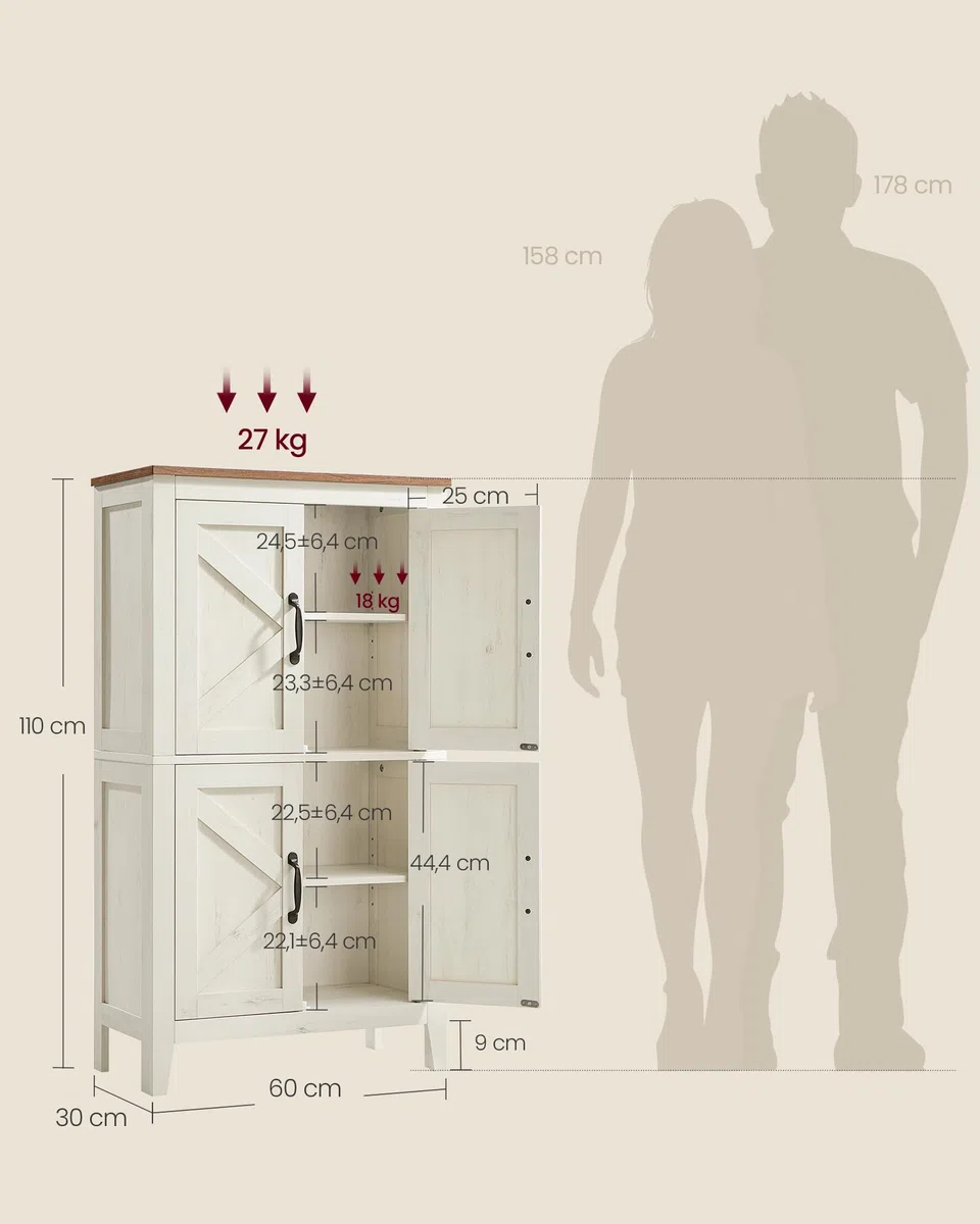 VASAGLE Collezione LIRY - Mobile da Bagno in Stile Farmhouse, Mobiletto con Ante in Stile Fienile, Credenza Cucina, Ripiani Regolabili, Sala da Pranzo Soggiorno, Bianco Vintage BBK773W01