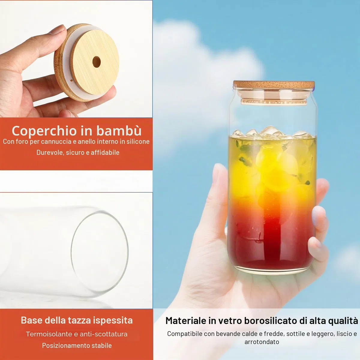 KITDAHOM 3 Bicchieri in Vetro con Cannuccia - Bicchiere con Cannuccia, 550 ml, Coperchio in Bambù, Canna e Spazzola, Vetro Borosilicato, per Caffè Freddo, Cocktail e Whisky