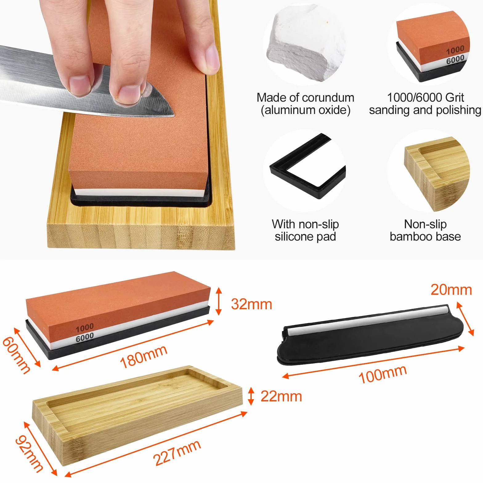 Uootach Pietra per Affilare, Affilacoltelli 1000/6000 Grana, Pietra abrasiva due in uno con base in bambù antiscivolo, Tappetino antiscivolo in silicone e Localizzatore, cote a doppia faccia