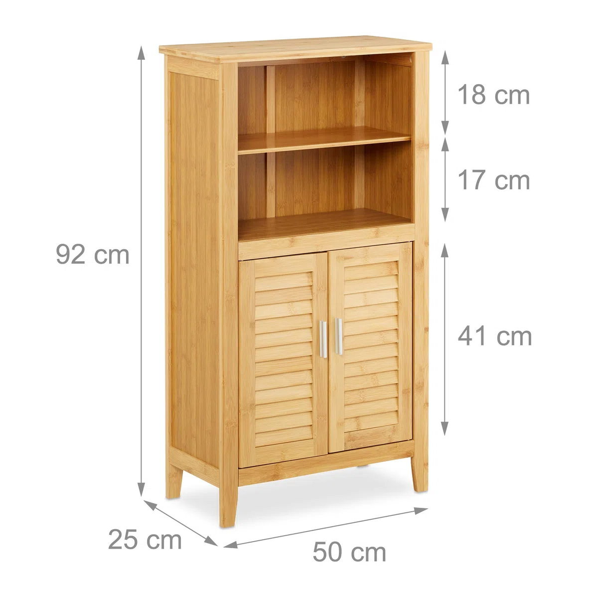 Relaxdays Mobile Armadietto LAMELL in bambù & MDF, Mobiletto Bagno, Lamellato, 2 Ante, 92x50x25 cm ca, Naturale, bambú, Marrone, 25x50x92 cm
