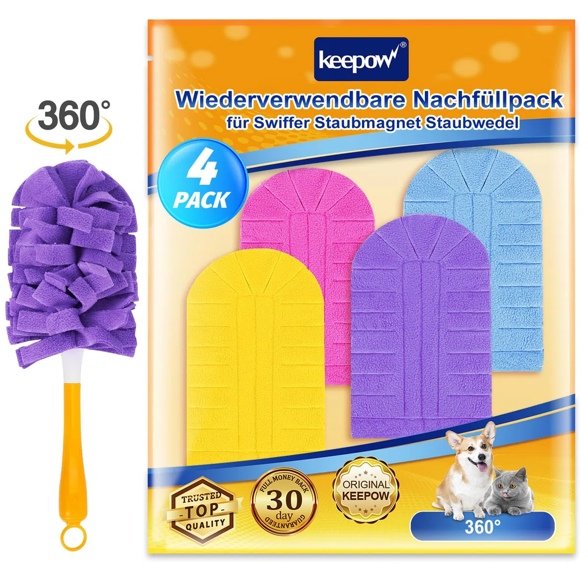 KEEPOW Ricariche Riutilizzabili per Swiffer Panni Catturapolvere, Super Assorbente in Microfibra per Swiffer Duster Piumini Catturapolvere, per Intrappolare Sporco e Polvere, 4 Pezzi