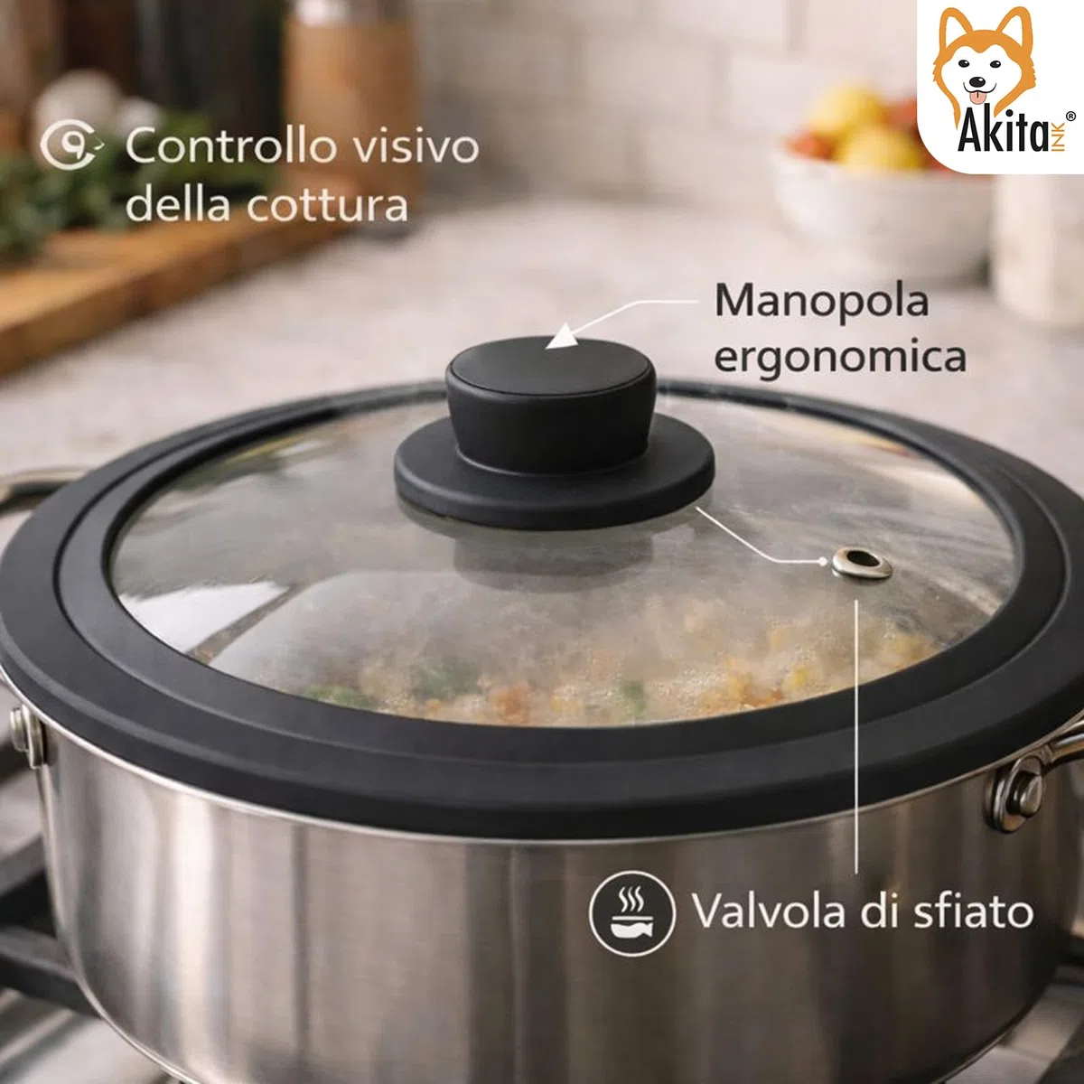 AkitaInk Coperchio Universale in Vetro con Bordo in Silicone - Per Pentole e Padelle - Resistente al Calore - Varianti 16-18-20/22-24-26/28-30-32 cm (DIAMETRO 28, 30, 32 CM)