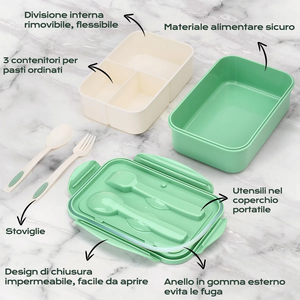 BIBURY Porta Pranzo, Lunch Box Prova di Perdite per Bambini e Adulti, Bento Box con 3 Scomparti e Posate(Forchetta e Cucchiaio), Portapranzo, Sicuri per Microonde e Lavastoviglie - Verde