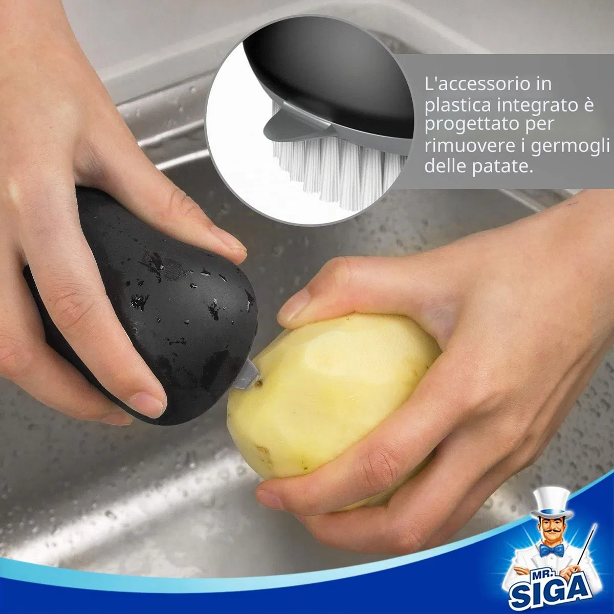 MR.SIGA Spazzola per la pulizia di frutta e verdura, con impugnatura antiscivolo, 2 pezzi, colore: Nero