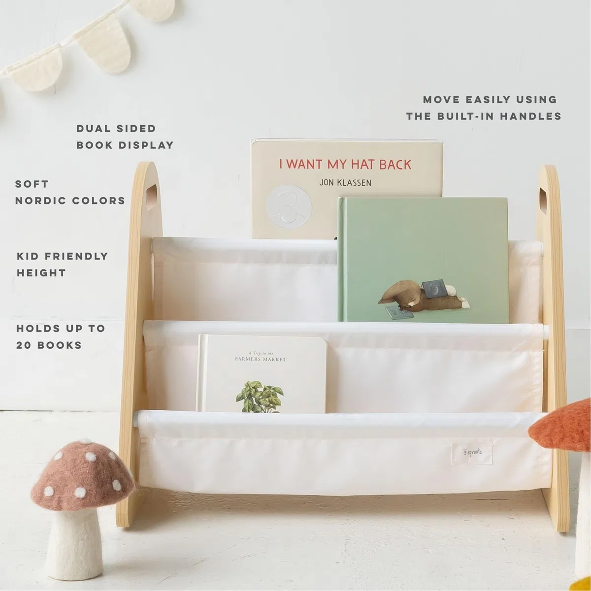 3 Sprouts Libreria Bambini Doppia Faccia - Libreria Montessori Per Bambini - Porta Libri Bambini Salvaspazio - Scaffale Montessoriano Legno - Libreria Bimbi Cameretta Montessoriana, Crema