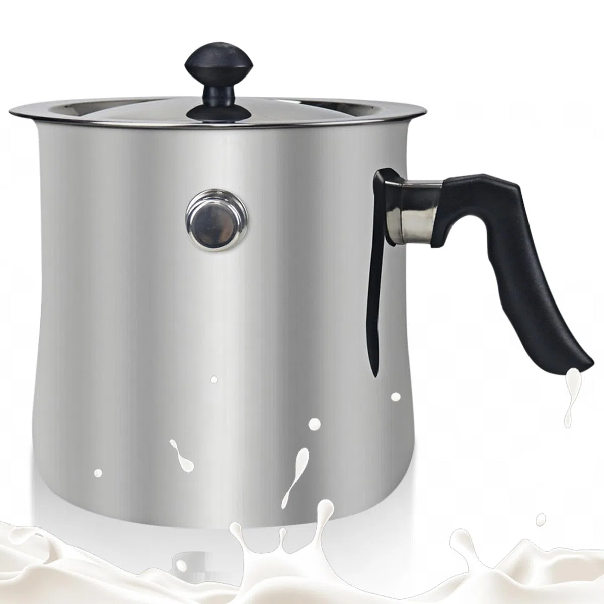 Pentola per latte da 1,5 litri, a doppia parete, in acciaio inox, Ø 16,5, con beccuccio e coperchio, alta 15 cm, con manico in plastica antiscivolo, adatta per tutti i piani cottura (1,5 l)