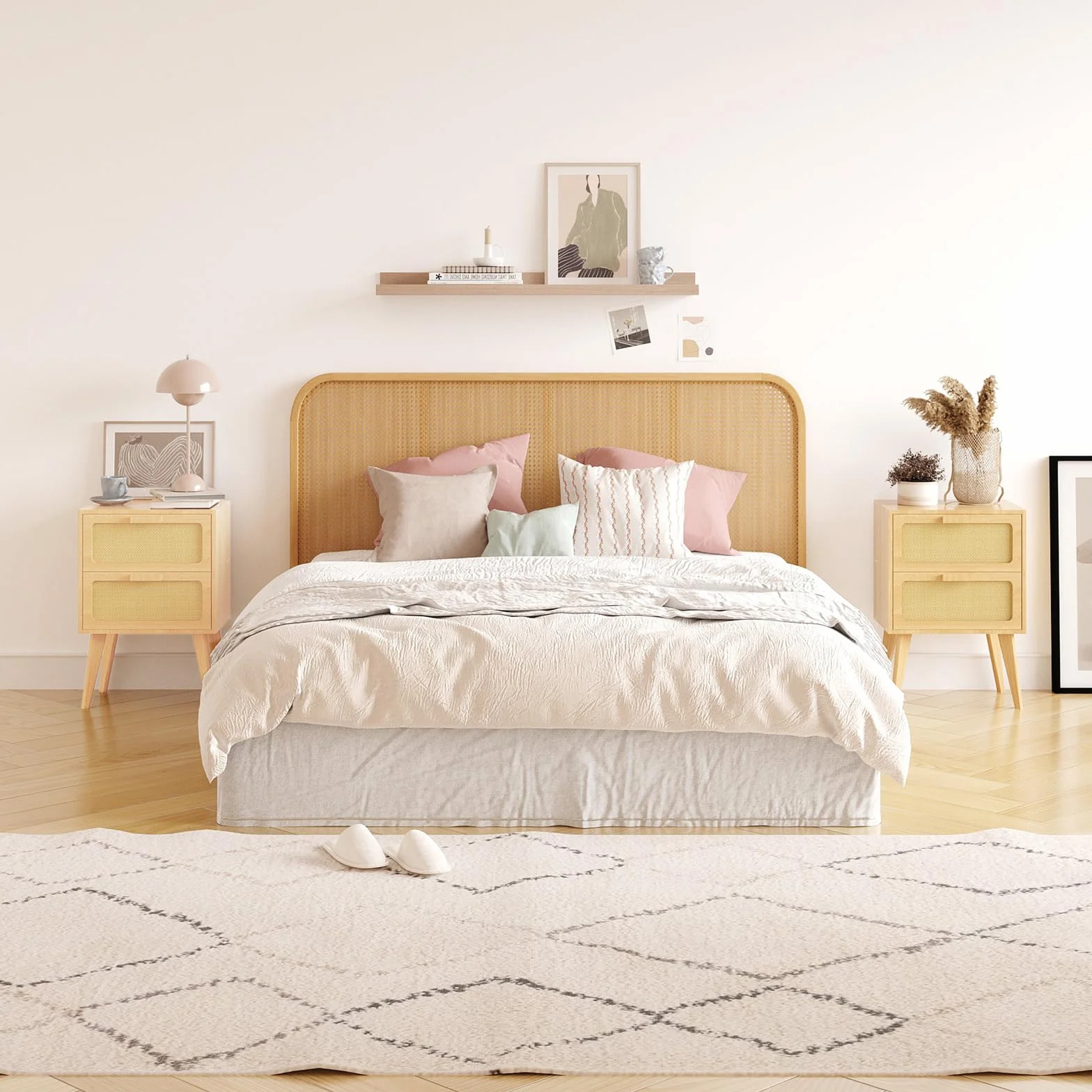 YAUKOMEL Comodino in rattan, comodino bohémien con portaoggetti, tavolino, tavolino con 2 cassetti decorati in rattan fatti a mano per piccoli spazi, soggiorno, camera da letto, naturale, DECTG59Y