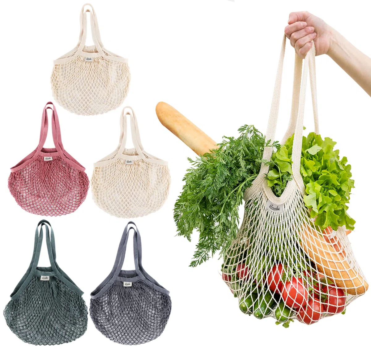 ilauke - Sacchetti in rete riutilizzabili per la spesa, in cotone, con manico lungo, per frutta e verdura (4 colori)