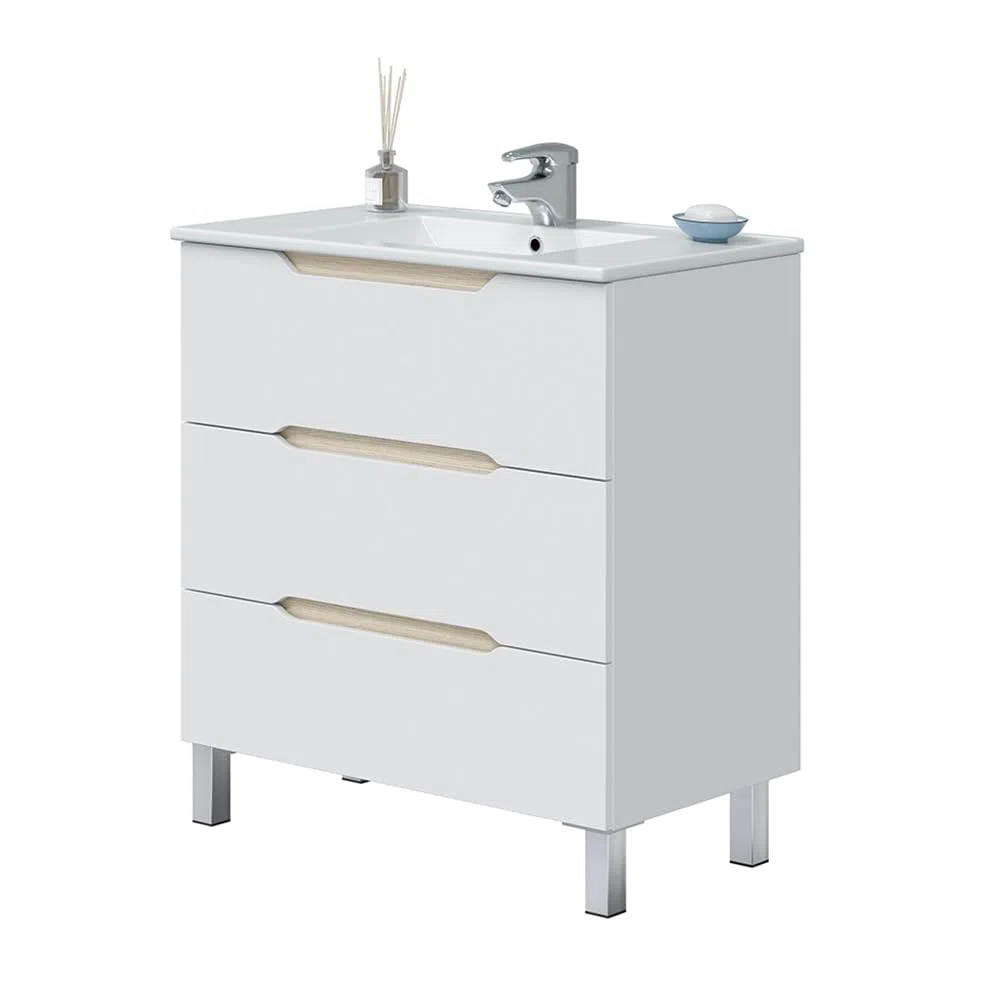 Mobile Bagno A Terra Da 80 Cm In Legno Bianco Lucido E Rovere Linea Brillo Con 2 Cassetti Dalla Chiusura Soft-Close, Completo Di Lavabo E Specchio