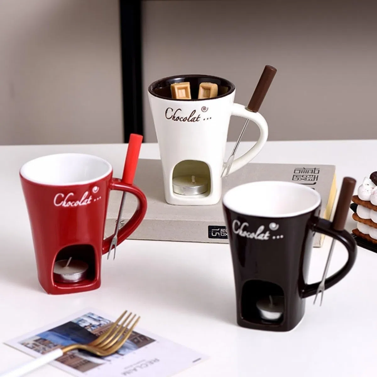 Tazza per fonduta, tazza per fonduta di cioccolato con forchetta e candela, tazza per fonduta di cioccolato per appuntamenti serali, compleanni, regali di nozze (rosso)