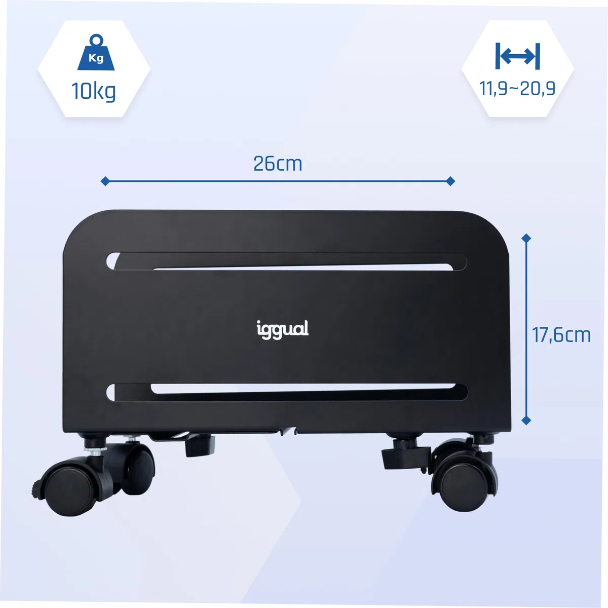 iggual – Supporto per CPU con Ruote, Base Regolabile da 11,9 a 20,9 cm, Supporto in Metallo per Torre PC da Posizionare sotto la Scrivania, Regge fino a 10 kg, Ideale per Ufficio e Setup