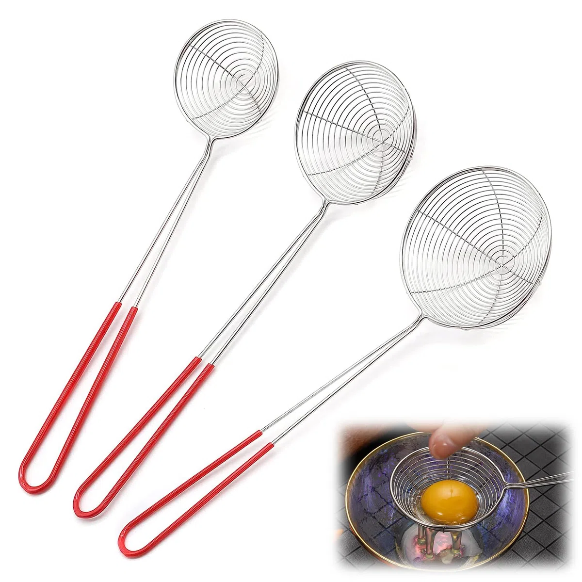 Cucchiaio Forato in Acciaio Inossidabile, Set di 3 Scolapasta in Acciaio Inossidabile,Colino a Ragno, Cucchiaio a Rete da Cucina, Cucchiaio Forato per Colino per Pasta, per Friggere in Cucina