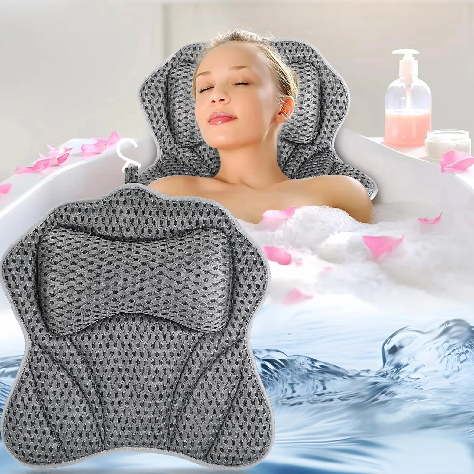 Zikenis Cuscino da Bagno con 6 Ventose Antiscivolo, Cuscino Vasca da Bagno 4D Mesh, per Ergonomici, per Collo, Schiena, Vasca e Spa di Casa