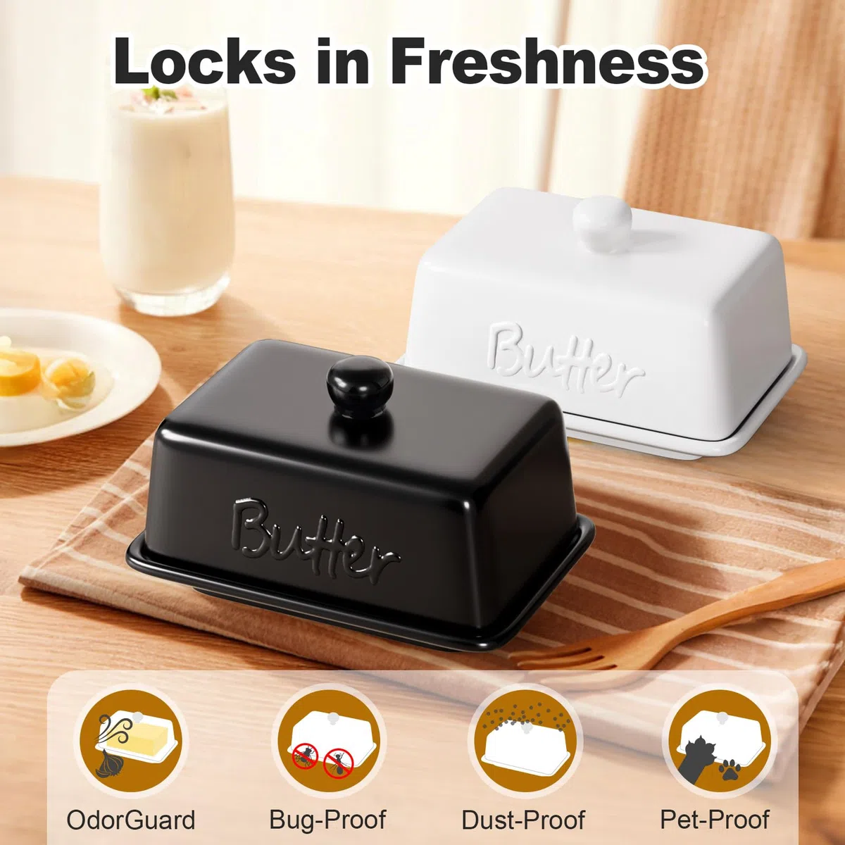Portaburro in Ceramica con Coperchio, Contenitore Burro da 500g e 250g, Burriera da Frigo Grande, Porta Burro in Porcellana Lavabile in Lavastoviglie, Design Moderno Cucina, Nero