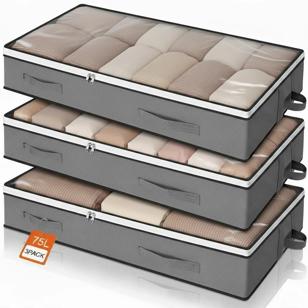 Romon Scatole per Armadio, 3 Pezzi 75L Scatole per Vestiti, Scatola per Organizer Armadio Pieghevole, Scatoloni per Trasloco Contenitori Sottoletto Salvaspazio per Coperte Biancheria da Letto, Grigio