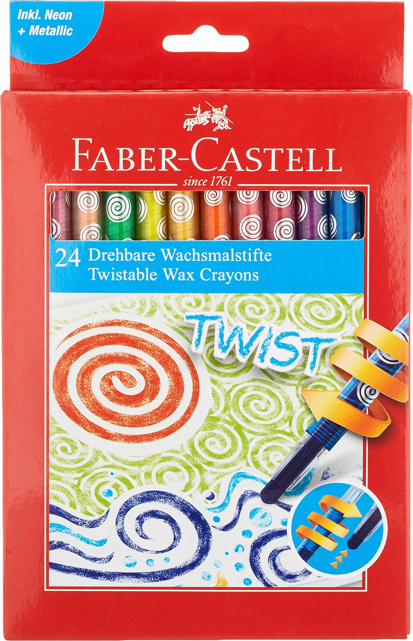 FABER-CASTELL 120004 - Pastelli a cera, girevoli, 24 pastelli a cera per bambini e adulti