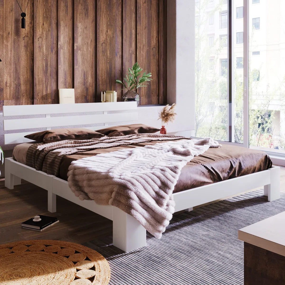 Merax Letto in legno massiccio, letto matrimoniale, telaio in legno con testiera e rete a doghe, 140 x 200 cm, supporto per doghe in legno, spazio sotto il letto, mobili per camera da letto, bianco