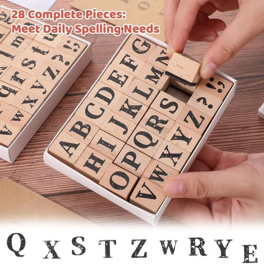 Set Timbri Lettere e Simboli Alfabeto, 28 Timbri a Forma di Lettere in Legno e Gomma con 26 A-Z e 2 Simboli Lettere Timbri Set Vintage Timbro in Legno per Scrapbooking, Fai-da-Te, Cartoline