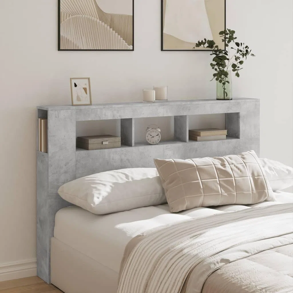 IKAYAA Testiera Letto Matrimoniale con LED Testiera Letto Matrimoniale Legno 160 cm Testiera con Contenitore Testiera Letto con Scomparti -Grigio cemento-160 x 103.5 cm