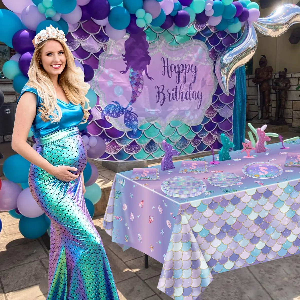 Set da 61 Pezzi per Decorazioni a Tema Sirena - Tovaglia, Piatti e Tovaglioli per Festa di Compleanno - per 20 Persone