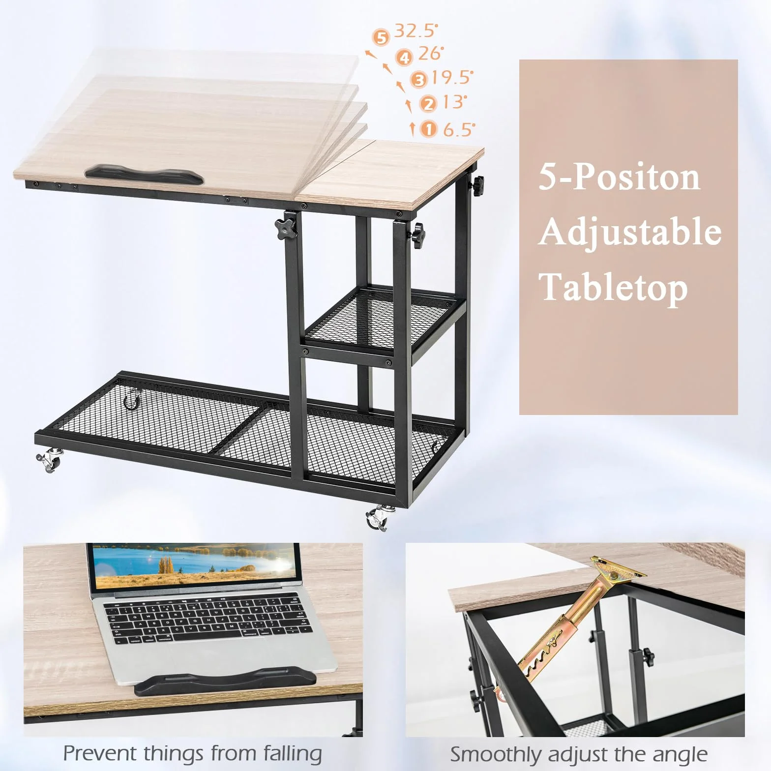LIFEZEAL Tavolino da Divano, da Letto, a Forma di C, Scrivania Mobile Porta Laptop, PC, Serviletto, con 4 Ruote, Piano Inclinabile, Altezza Regolabile, per Soggiorno, Salotto, 80x40x64-95cm, Naturale