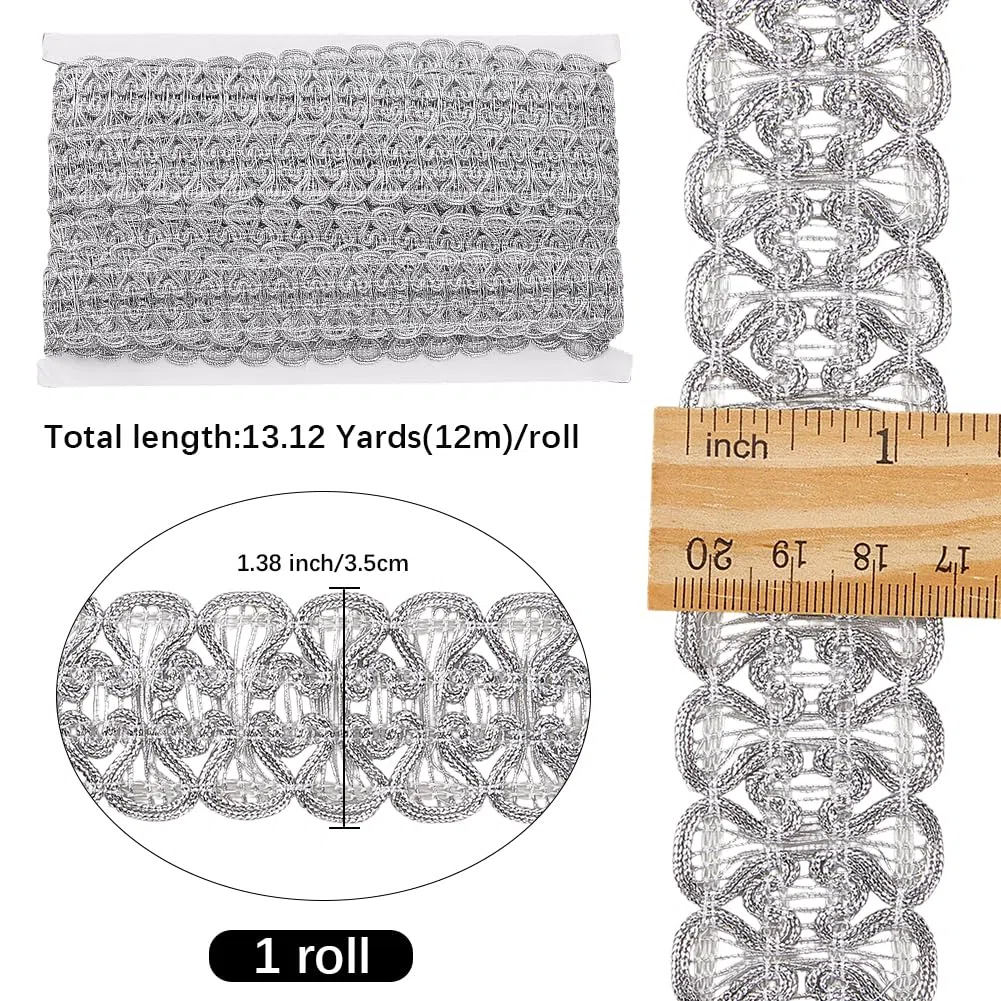 GORGECRAFT Nastro Intrecciato In Argento 12m Passamaneria Metallico Passamaneria Decorativa In Pizzo A Forma di Farfalla Francese Da 3.5cm per Matrimonio Sposa Costume Cucito Artigianato Abbigliamento