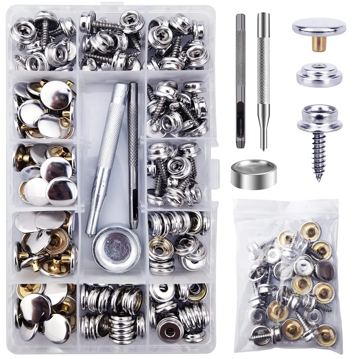 60 Sets Bottoni a Pressione a Vite - 15mm Bottoni Automatici a Pressione in Acciaio Inossidabile con 3PCS Strumenti, per Tela Della Barca, Teloni, Tende, Mobili da Giardino (Argento, 15mm)