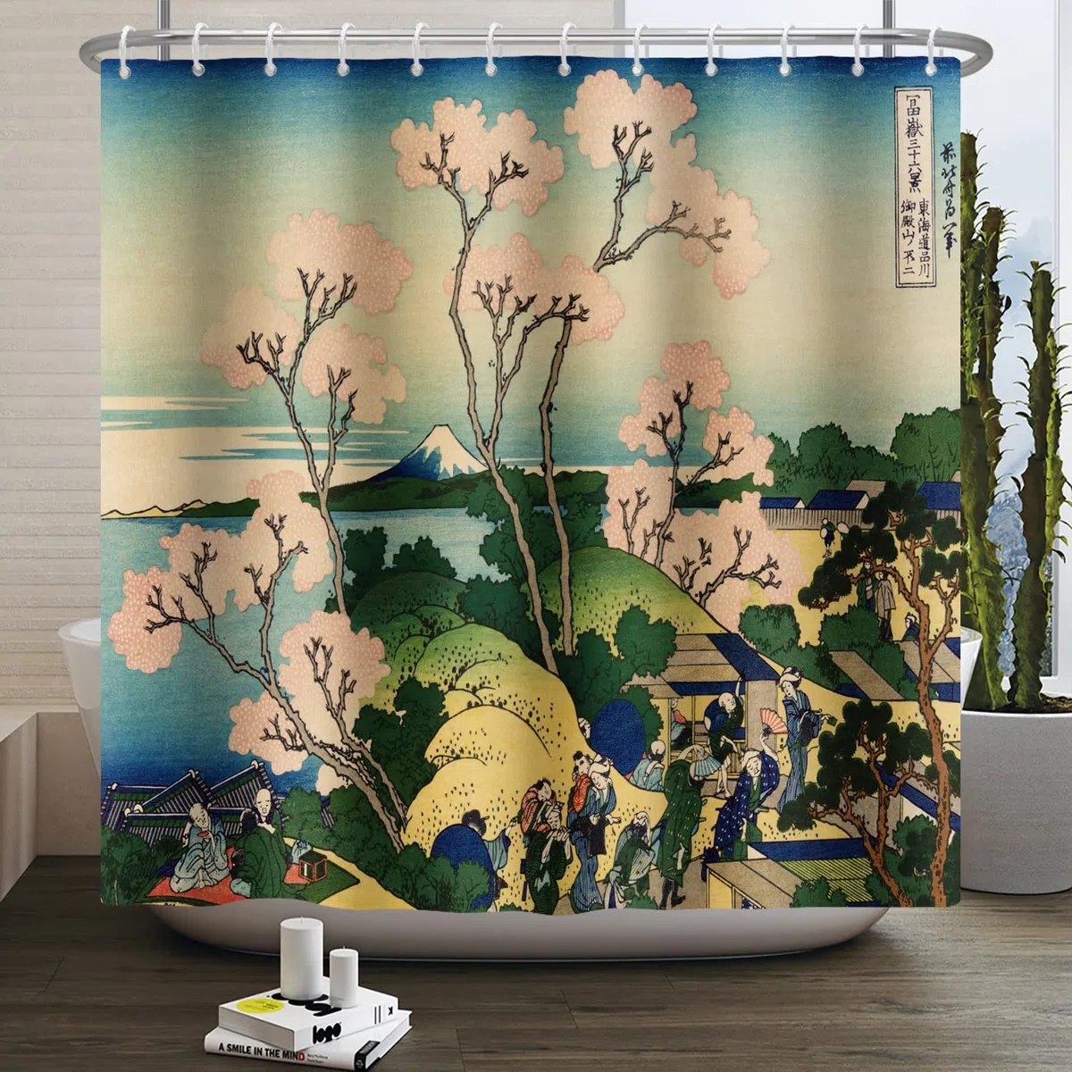 180x180cm Giapponese Molla Paesaggio Tenda da Doccia - Ciliegia Fiore Ukiyo-e Kanagawa Monte Fuji Tradizionale Etnico Anime per Bagno - Poliestere Con Ganci