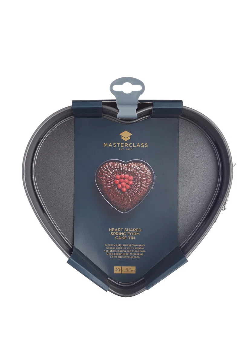 MasterClass Teglia per torte a forma di cuore da 22,5 cm con base libera e antiaderente senza PTFE, PFOA e BPA, chiusura a molla, robusto acciaio al carbonio da 1 mm, teglia da 9 pollici