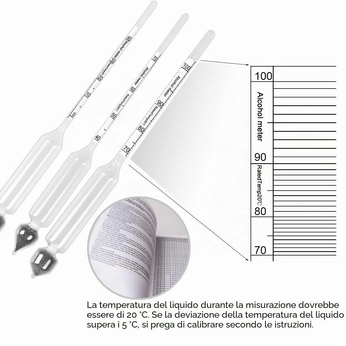 alcol tester, 3 pezzi, alcolometro, misura il contenuto alcolico 0 - 100 Vol%, alcol - vinometro + termometro per tutte i liquori, distillati, whisky, brandy, vodka, ecc