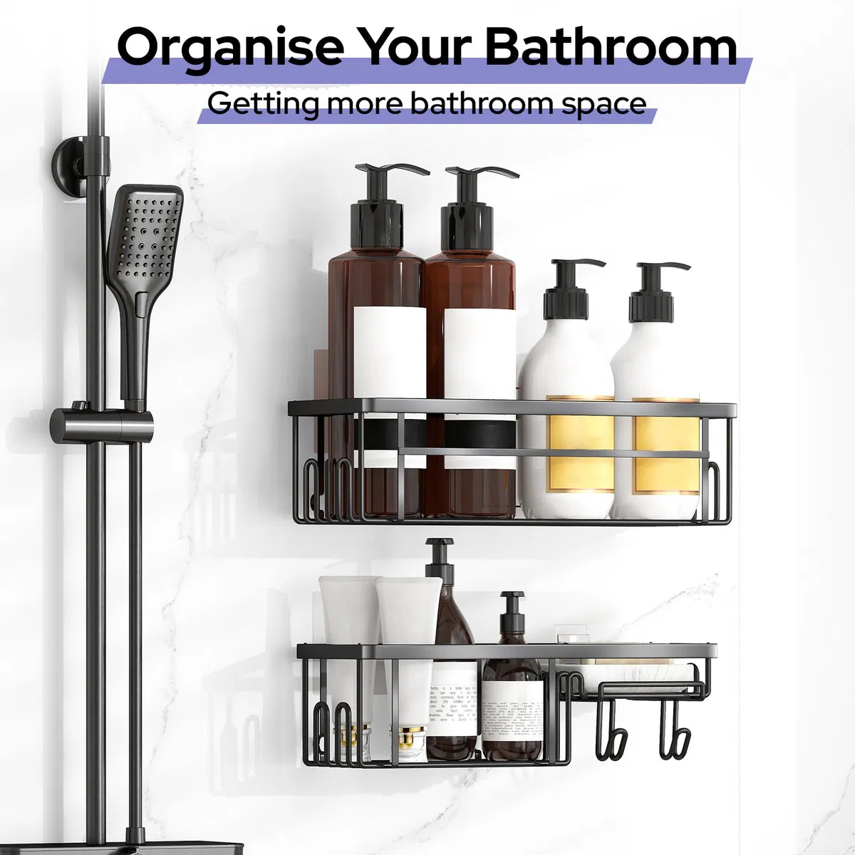 Alyvisun 2 Pezzi Mensola Doccia senza Foratura con Adesivo Forte, Portasapone per Doccia Angolare Acciaio Inox con Ganci, Mensole Bagno Organizzatore per Shampoo Bagnoschiuma, 2, Pezzi