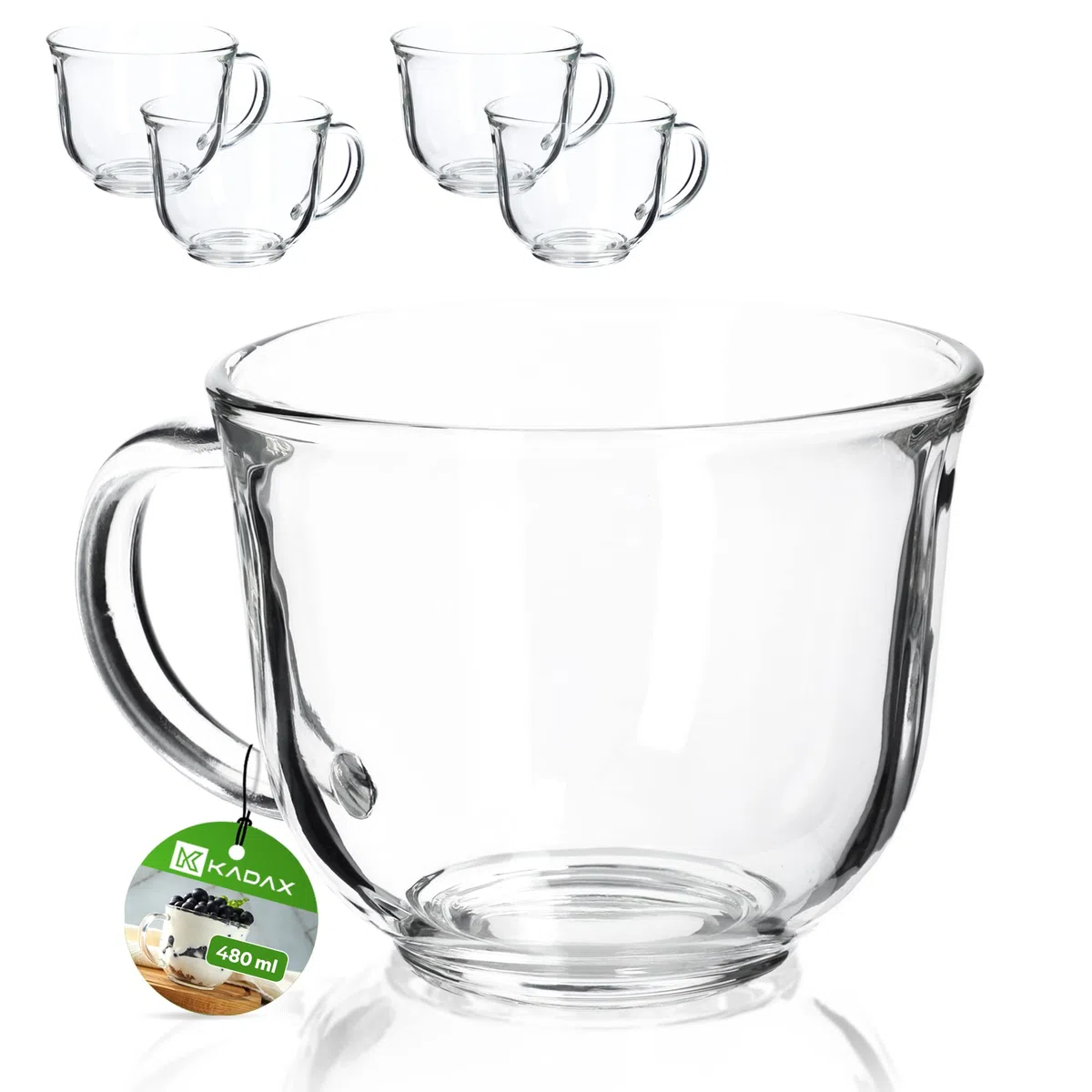 KADAX Bicchieri da tè con manico, set di tazze in vetro da 480ml, bicchieri da caffè lavabili in lavastoviglie, per bevande calde e fredde, tazze da caffè, bicchieri per succhi, tazze in vetro (480ml