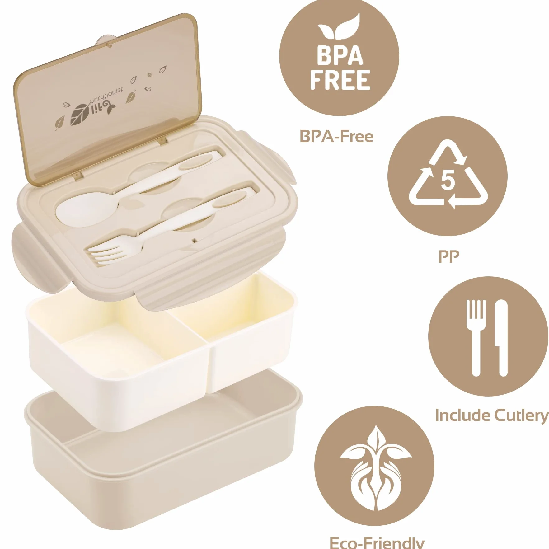 LUZOON Bento Lunch Box,1400ml Bento Box con 3 Scomparti e Posate per Adulti, Porta Pranzo con Posate e Scatola Per Salse,Senza BPA,Sicuri per Microonde e Lavastoviglie (Kaki)