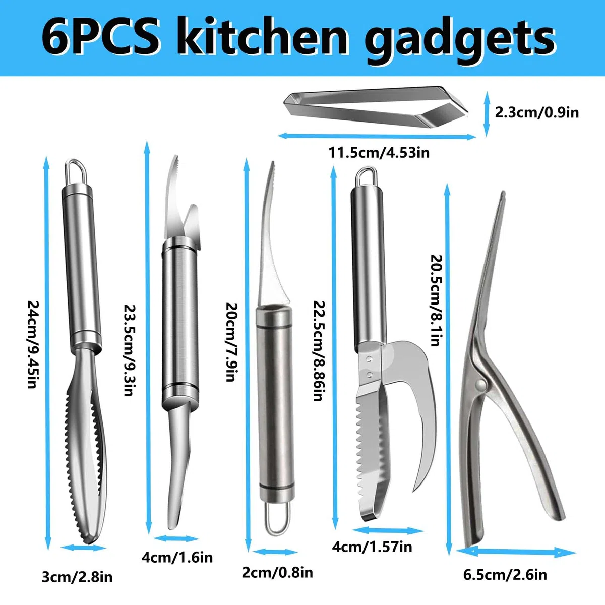6PCS Squamatore Pesce, FORMVERSITY Sgusciatore di Gamberi, Pinzette per Lische di Pesce, Pinza per Chele Astice, Set 6 In 1 per Rimuovere Fili di Gamberetti, Squame di Pesce e Organi Interni