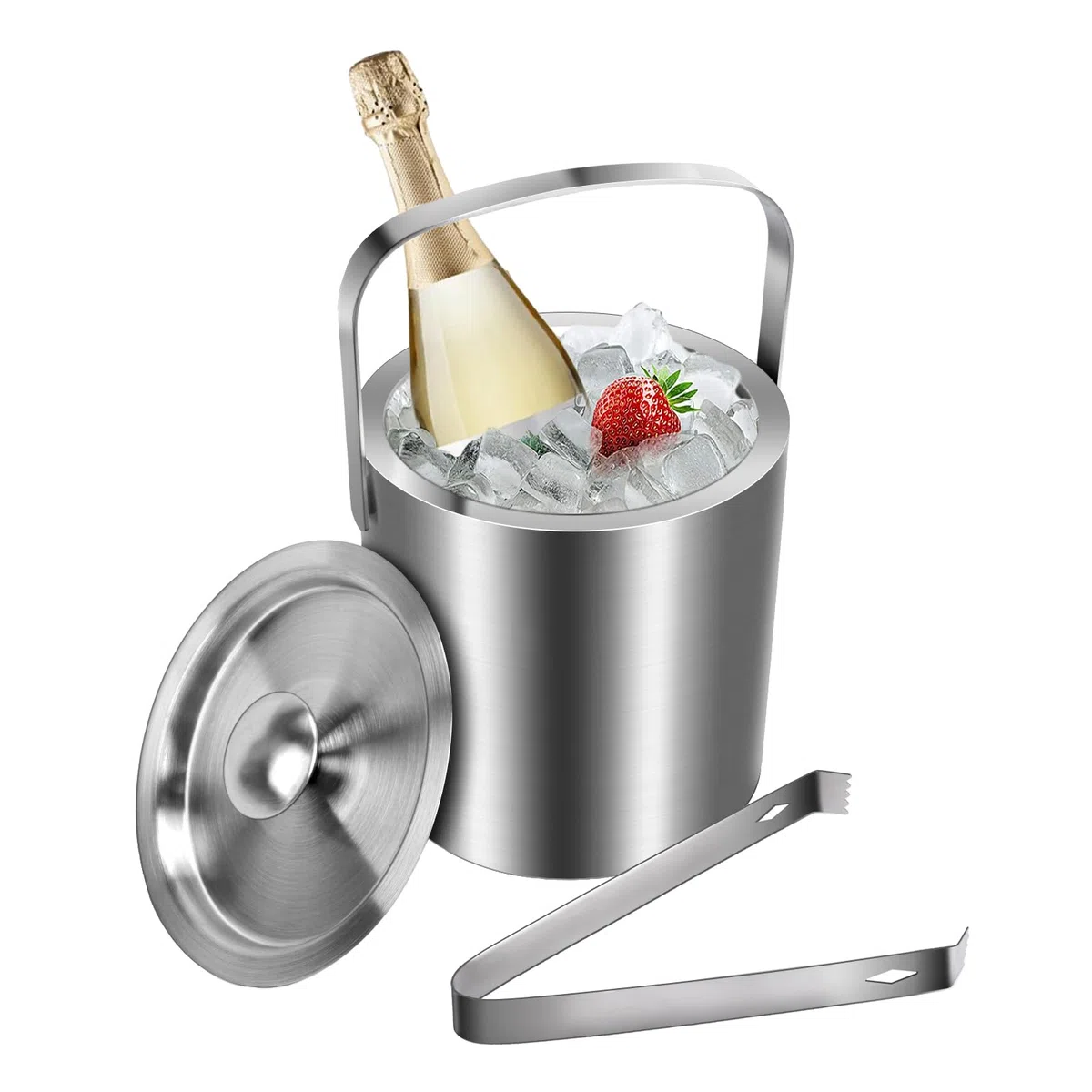 Secchiello Ghiaccio Acciaio Inox 1.3L a Doppia Parete Secchiello Ghiaccio per Vino Bottiglie Champagne Secchiello Ghiaccio con Coperchio Manico e Pinzeper Casa Bar Feste