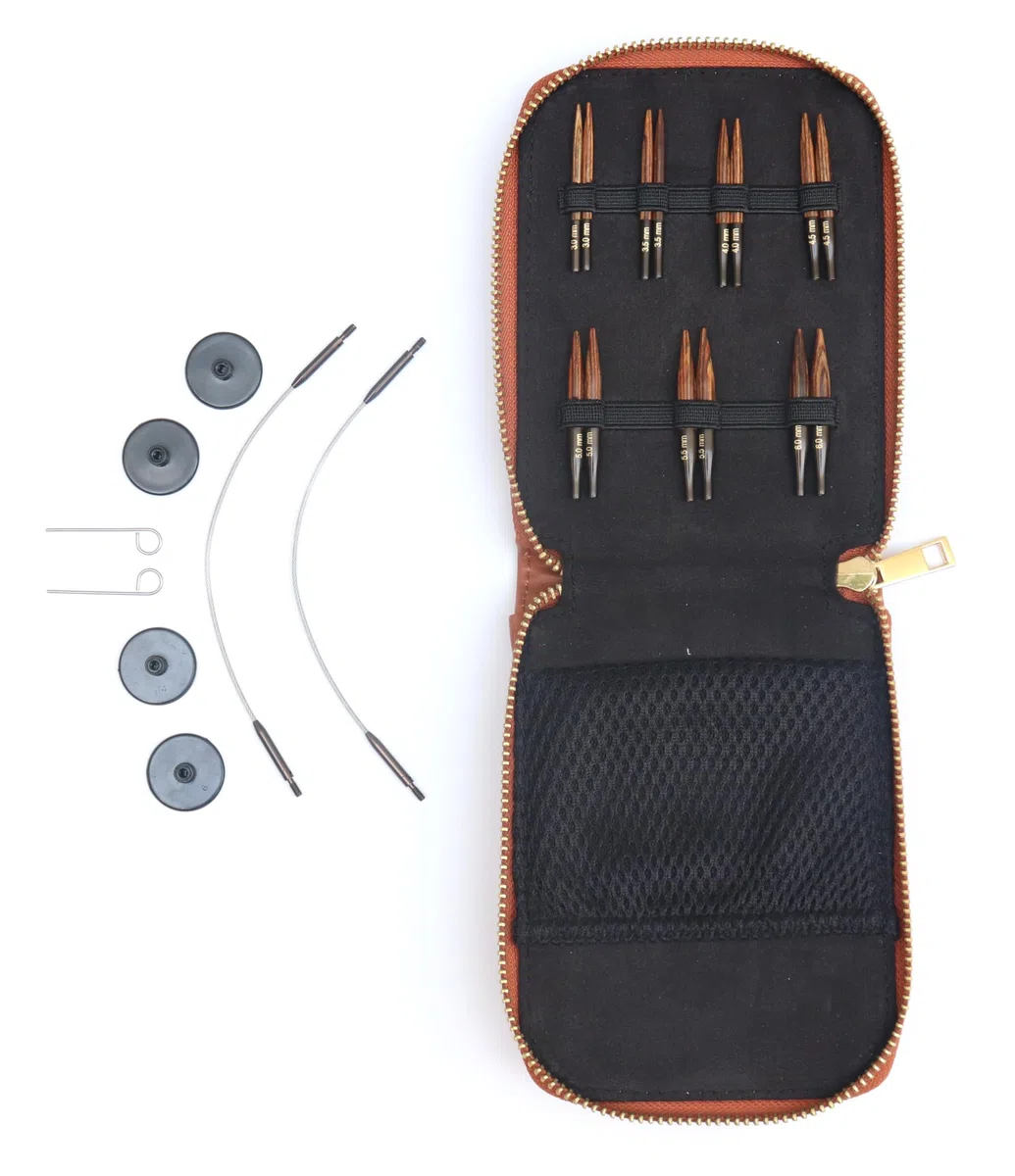 KnitPro Ginger - Set di ferri da maglia, mini perni intercambiabili, 2 cavi da 25 cm, tappi terminali, chiavi per cavi, custodia in ecopelle, 3, 3,5, 4, 4,5, 5, 5, 5,5, 6 mm