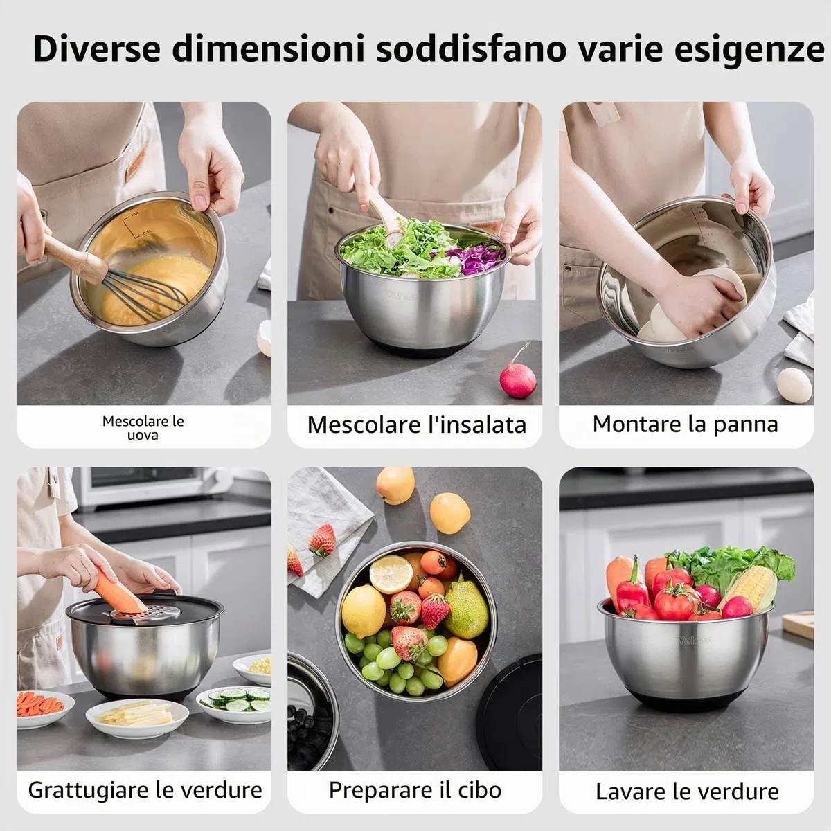 Velaze Set di ciotole in acciaio inox, 5 pezzi, insalatiera con coperchio, 3 inserti per grattugia, fondo in silicone antiscivolo, 5 l, 3 l, 2 l, 1,5 l, 1 l, diverse misure per diverse esigenze