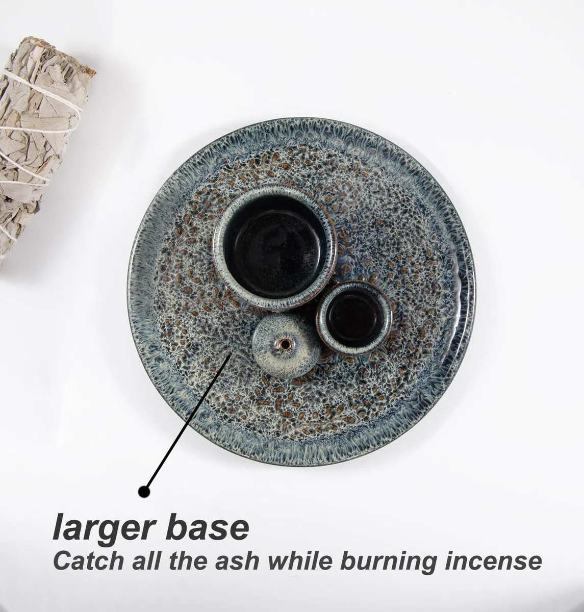 Porta Salvia in Ceramica, Porta Incenso 3 in 1 per Palo Santo e Salvia, Vassoio Artigianale per Cenere da Meditazione (Verde)