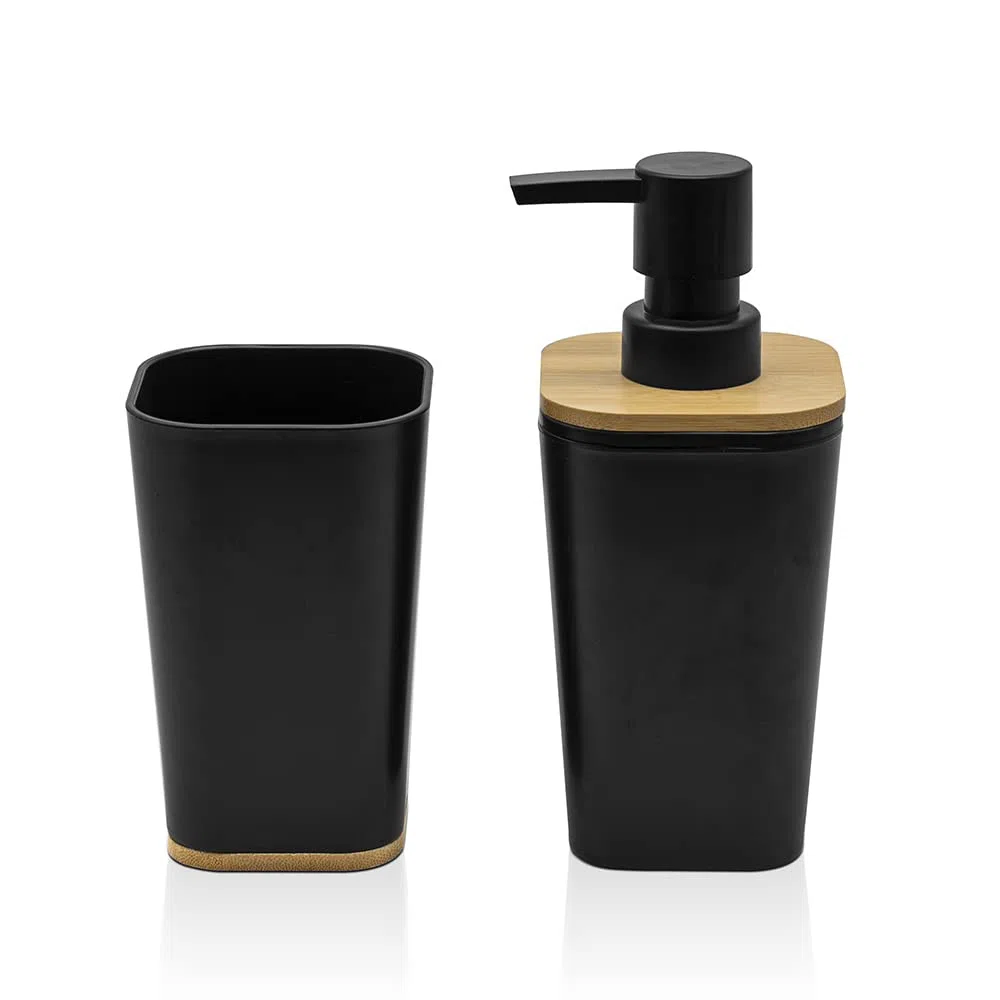 Set Accessori Bagno in Finitura Nera Opaca con Dettagli in Bamboo, Completo di Dispenser Sapone Liquido e Porta spazzolini